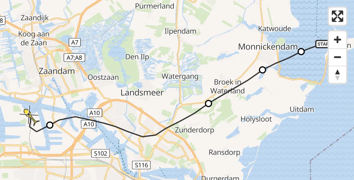 Routekaart van de vlucht: Lifeliner 1 naar Amsterdam Heliport