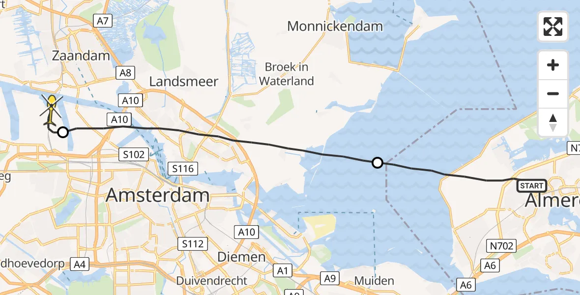 Routekaart van de vlucht: Lifeliner 1 naar Amsterdam Heliport