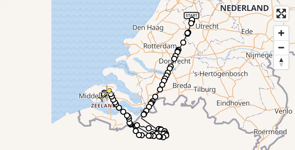 Routekaart van de vlucht: Politieheli naar Vliegveld Midden-Zeeland