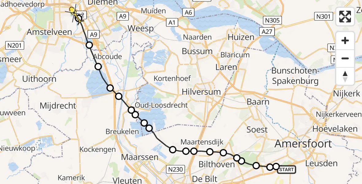 Routekaart van de vlucht: Politieheli naar Amsterdam