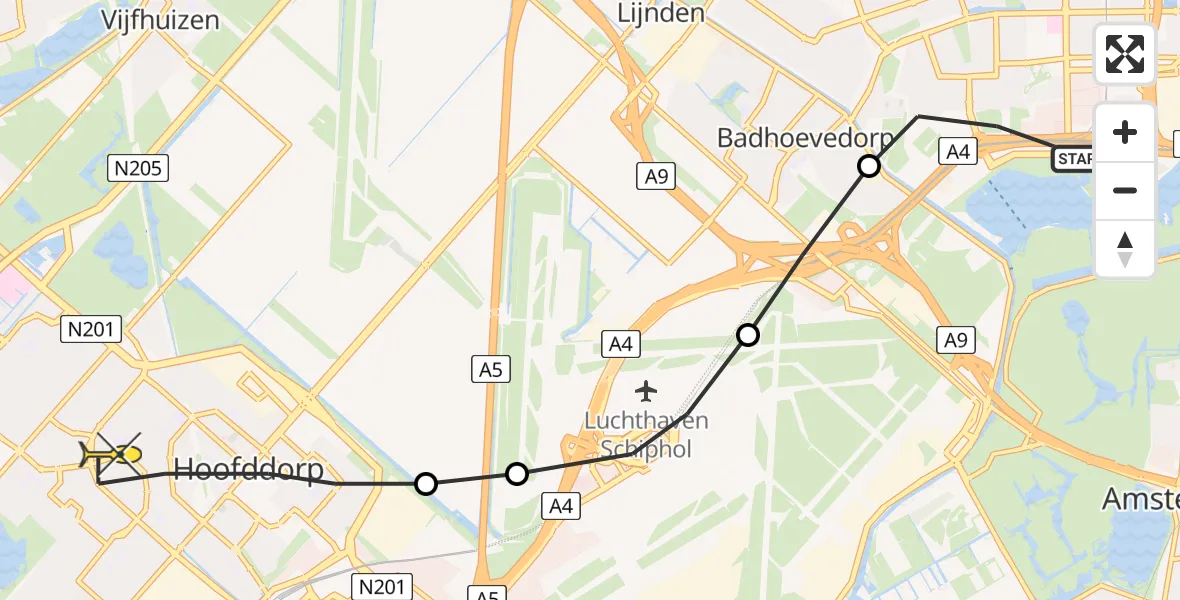 Routekaart van de vlucht: Lifeliner 1 naar Hoofddorp