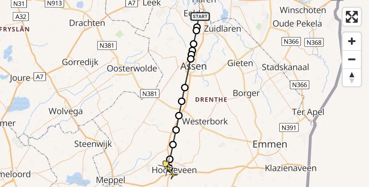 Routekaart van de vlucht: Lifeliner 4 naar Hoogeveen