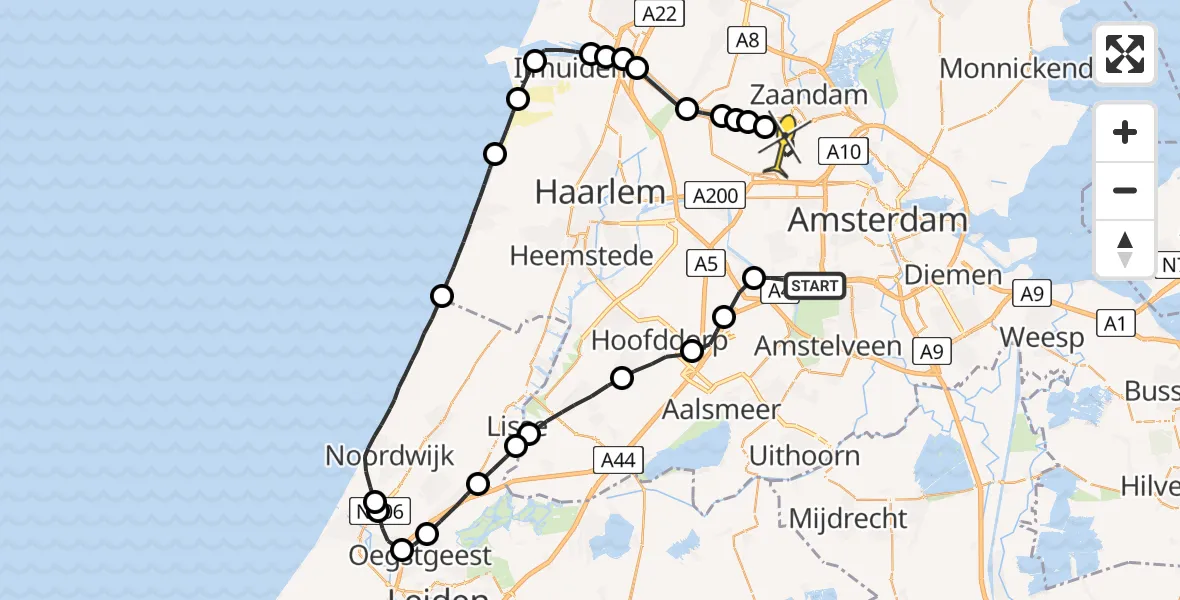 Routekaart van de vlucht: Lifeliner 1 naar Amsterdam Heliport