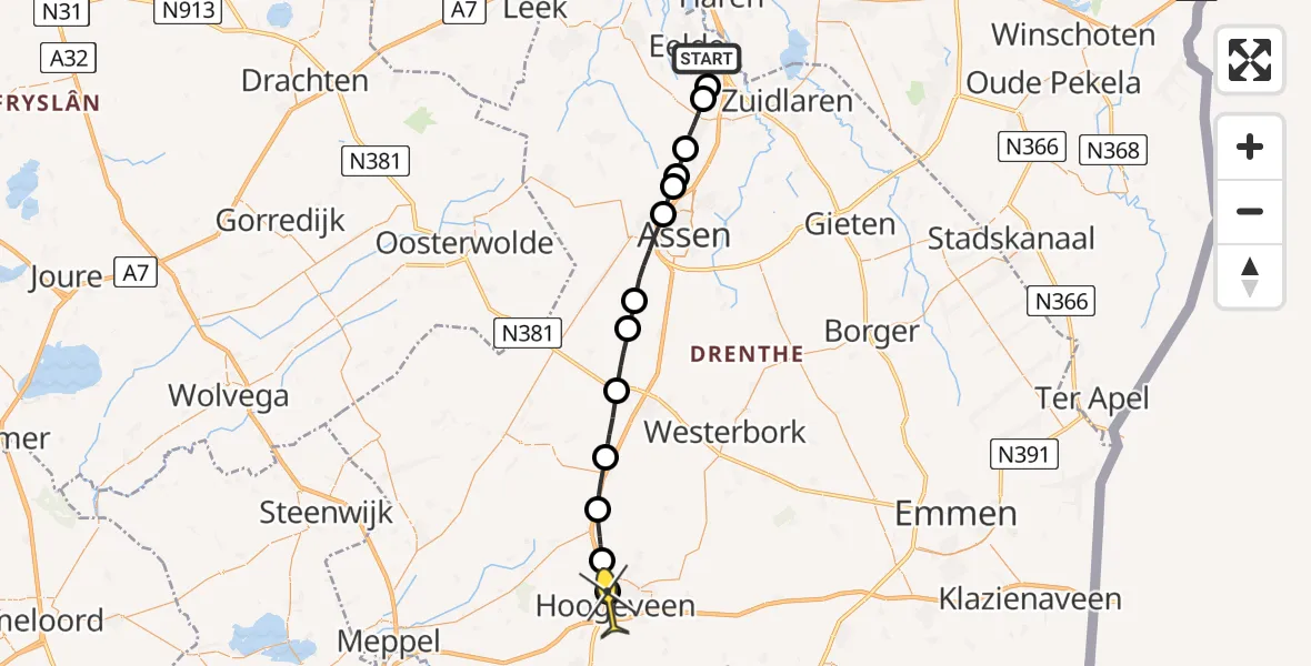 Routekaart van de vlucht: Lifeliner 4 naar Hoogeveen