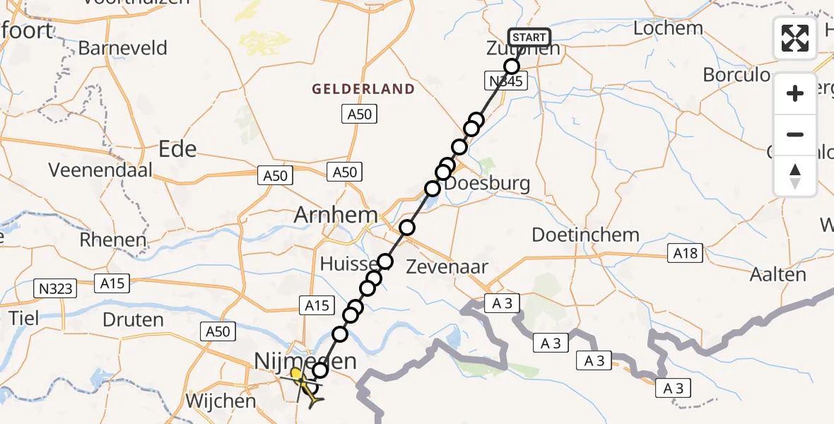 Routekaart van de vlucht: Lifeliner 3 naar Radboud Universitair Medisch Centrum