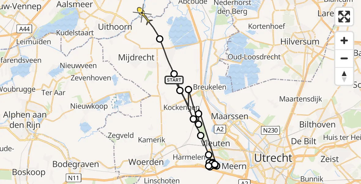 Routekaart van de vlucht: Politiehelikopter naar Ouderkerk aan de Amstel