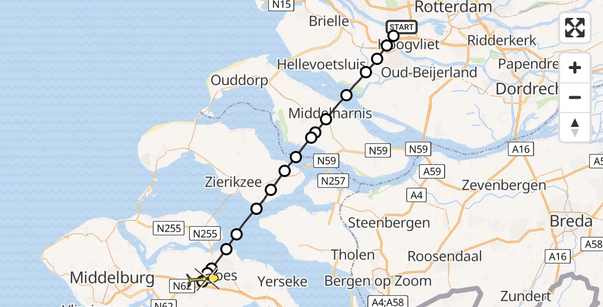 Routekaart van de vlucht: Lifeliner 2 naar 's-Heer Arendskerke