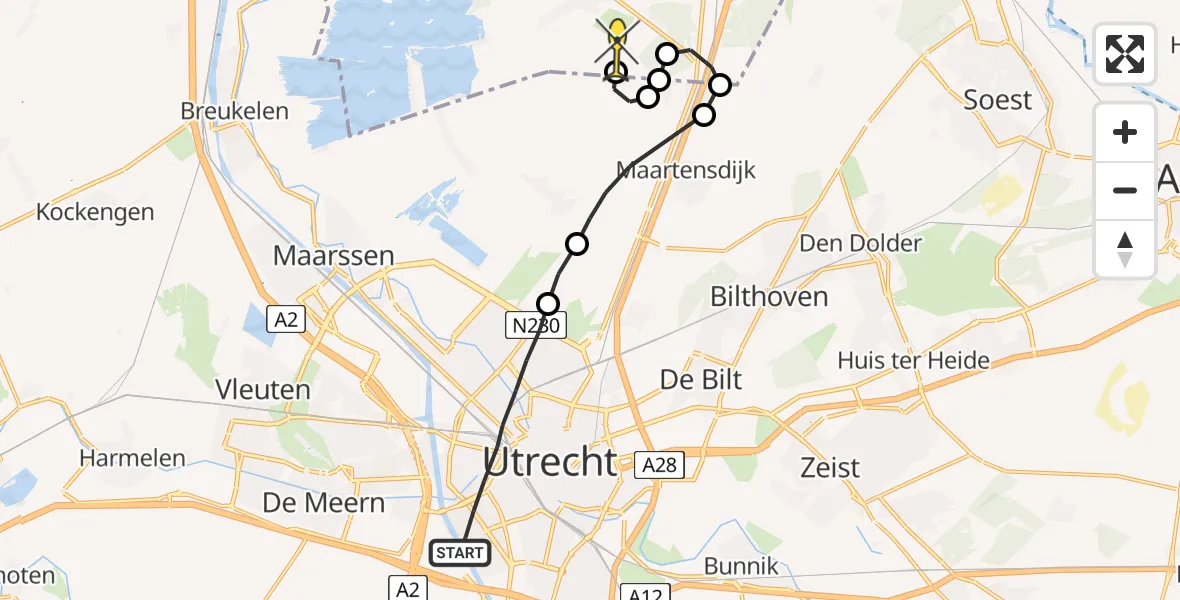 Routekaart van de vlucht: Lifeliner 1 naar Vliegveld Hilversum