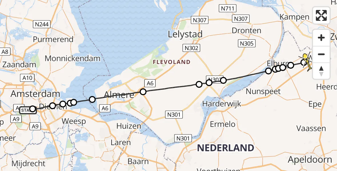 Routekaart van de vlucht: Lifeliner 1 naar 't Loo Oldebroek