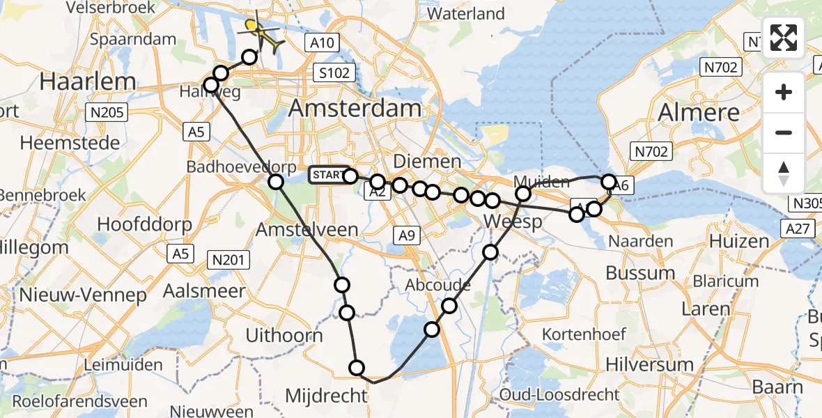 Routekaart van de vlucht: Lifeliner 1 naar Amsterdam Heliport