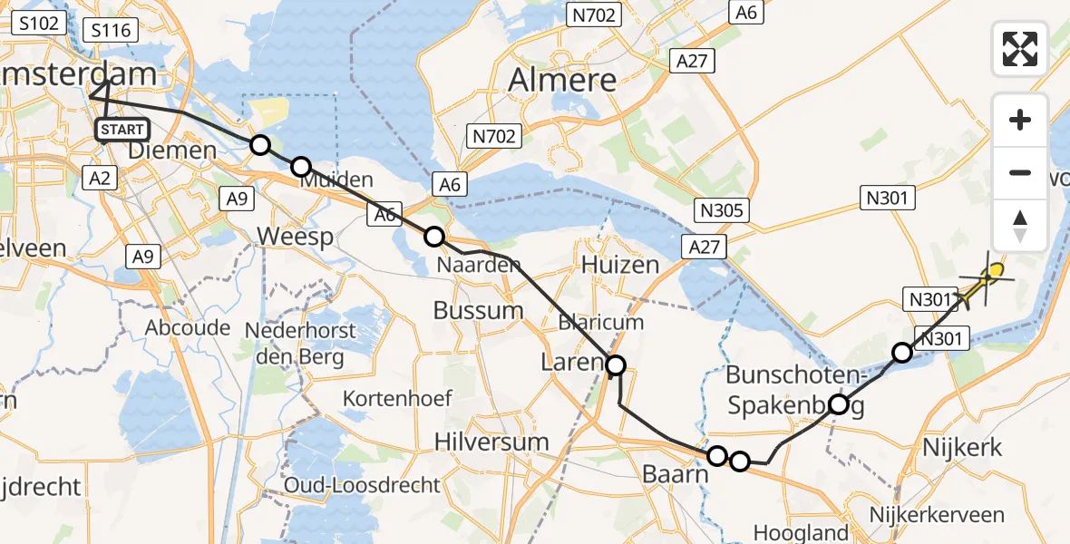 Vluchtroute Politiehelikopter van Amsterdam naar Zeewolde