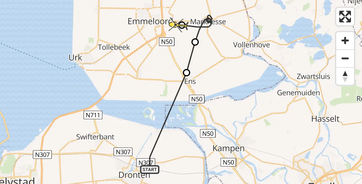 Routekaart van de vlucht: Politieheli naar Emmeloord
