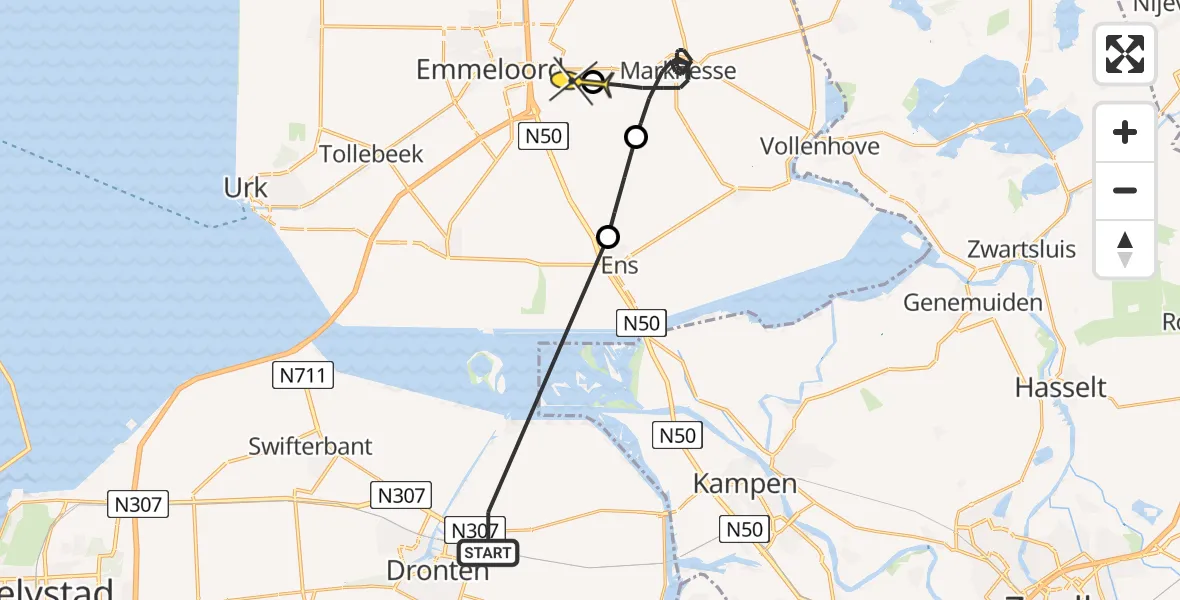 Routekaart van de vlucht: Politiehelikopter naar Emmeloord