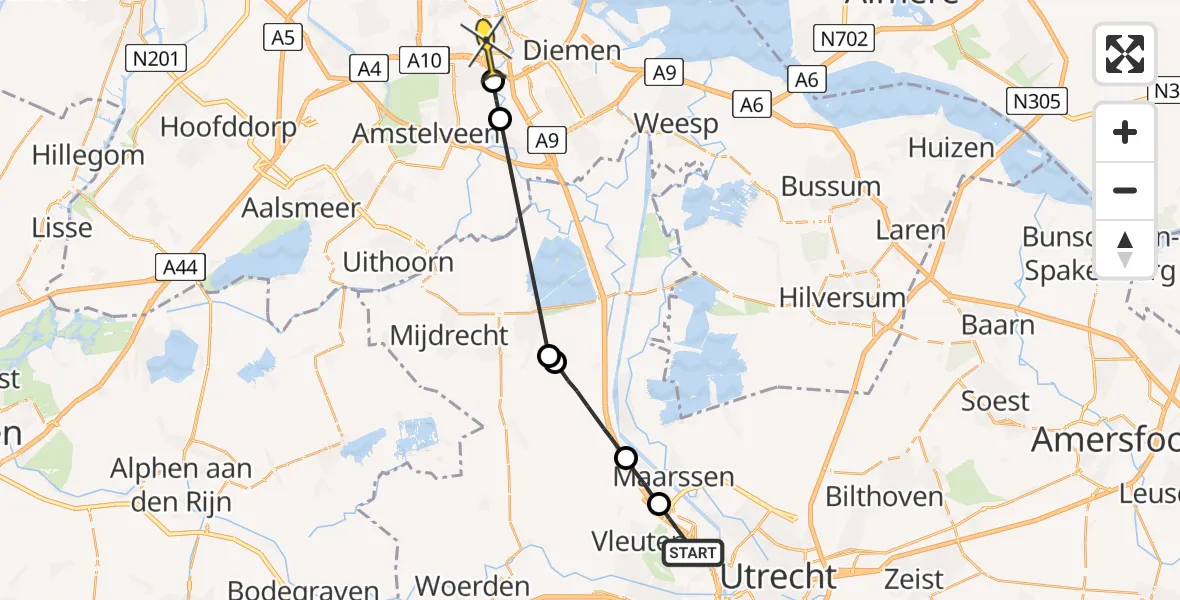 Routekaart van de vlucht: Politiehelikopter naar Amsterdam