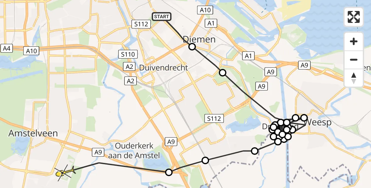 Routekaart van de vlucht: Politieheli naar Amstelveen