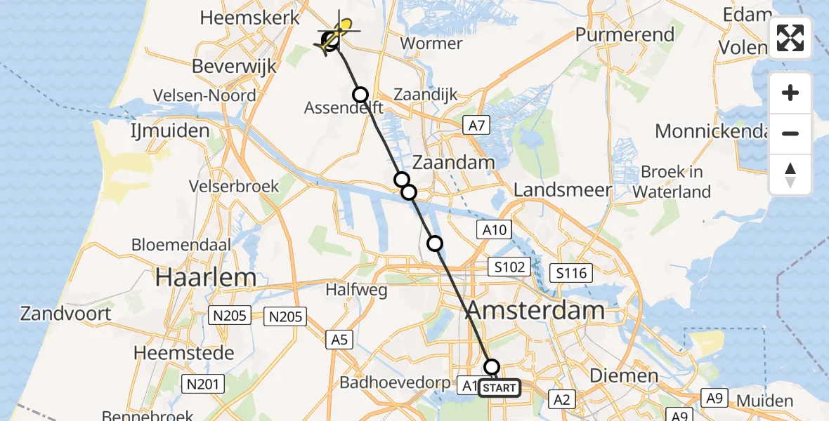 Routekaart van de vlucht: Lifeliner 1 naar Uitgeest