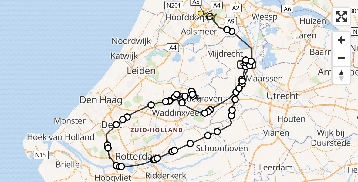 Routekaart van de vlucht: Politieheli naar Schiphol