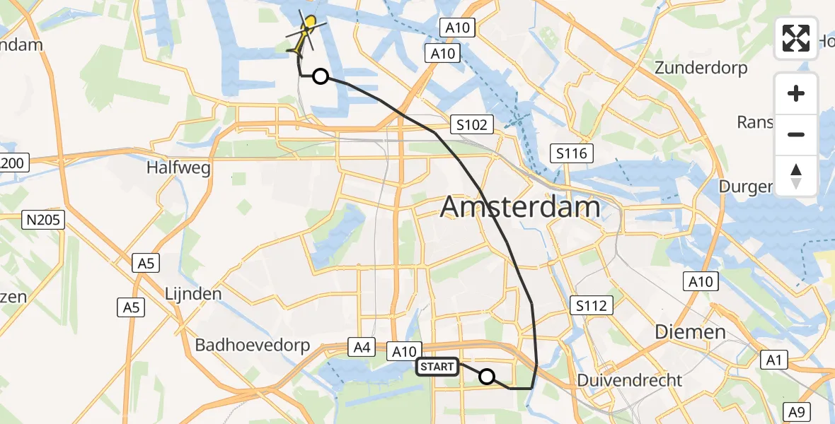 Routekaart van de vlucht: Lifeliner 1 naar Amsterdam Heliport