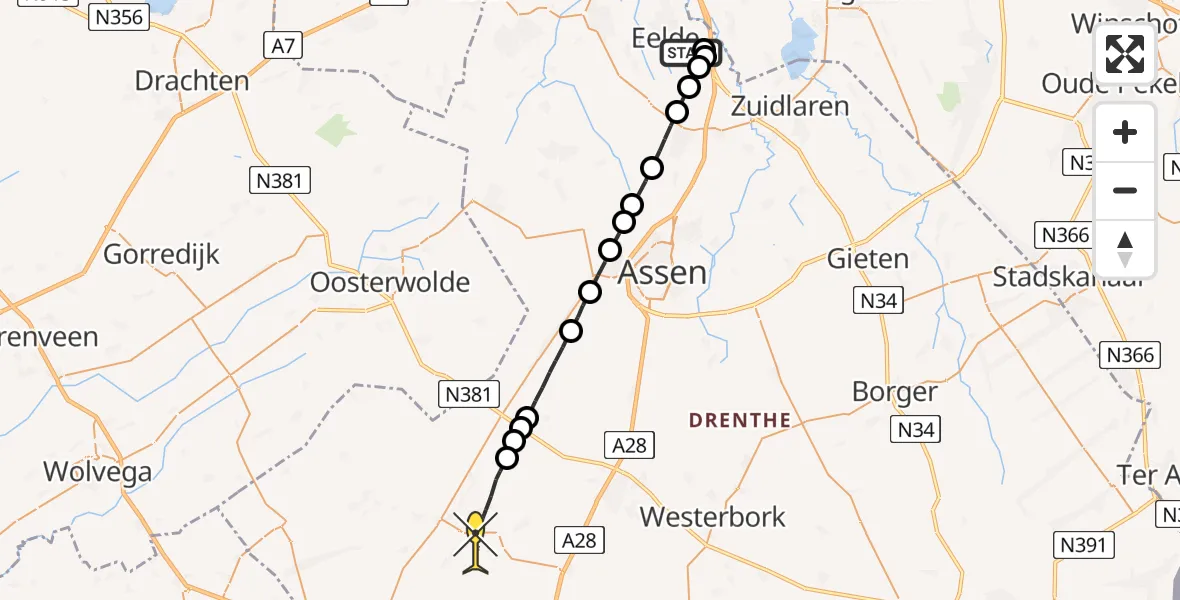 Routekaart van de vlucht: Lifeliner 4 naar Dwingeloo