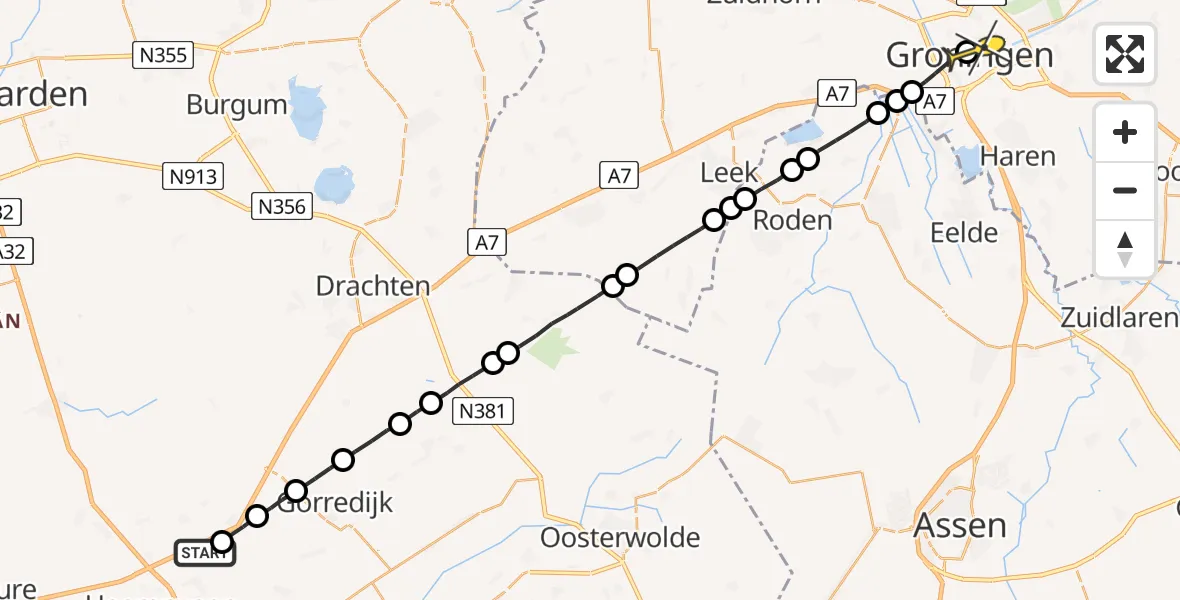 Routekaart van de vlucht: Lifeliner 4 naar Universitair Medisch Centrum Groningen