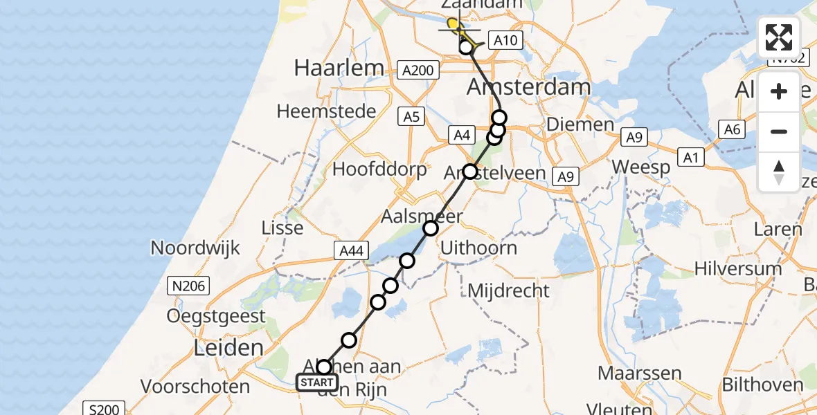 Routekaart van de vlucht: Lifeliner 1 naar Amsterdam Heliport