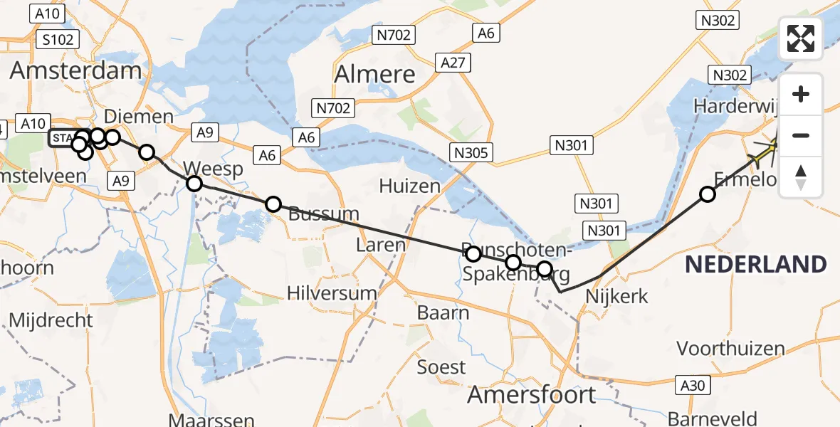Routekaart van de vlucht: Politiehelikopter naar Harderwijk