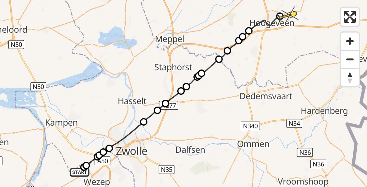 Routekaart van de vlucht: Politiehelikopter naar Vliegveld Hoogeveen
