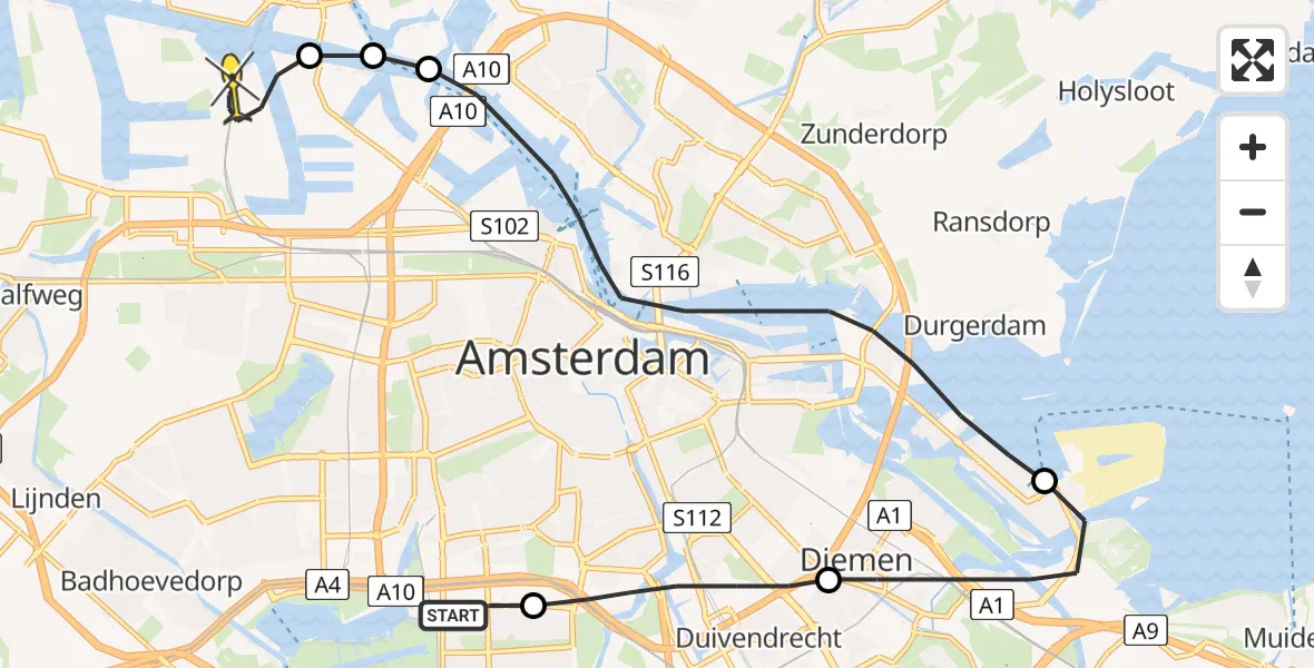 Routekaart van de vlucht: Lifeliner 1 naar Amsterdam Heliport