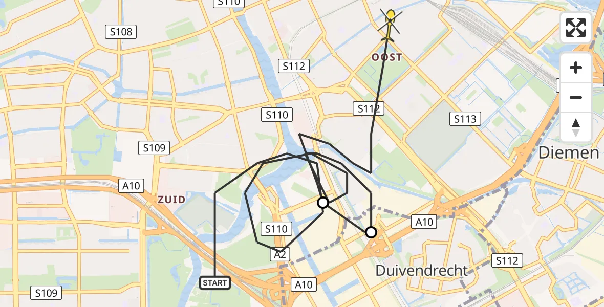 Routekaart van de vlucht: Politieheli naar Amsterdam