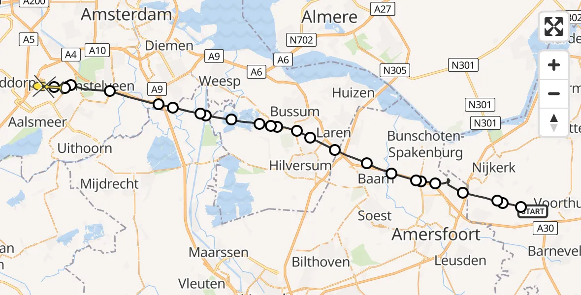 Routekaart van de vlucht: Politiehelikopter naar Luchthaven Schiphol