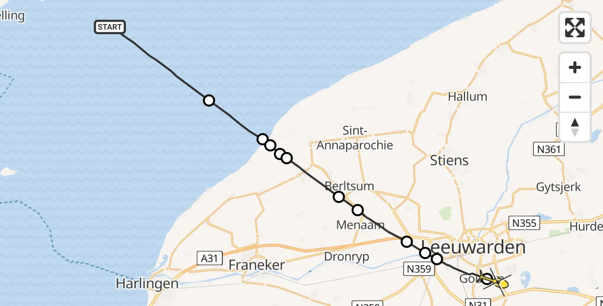 Routekaart van de vlucht: Ambulanceheli naar Leeuwarden