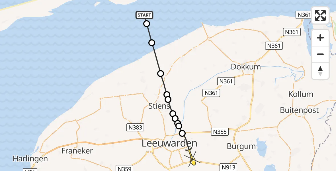 Routekaart van de vlucht: Ambulanceheli naar Leeuwarden