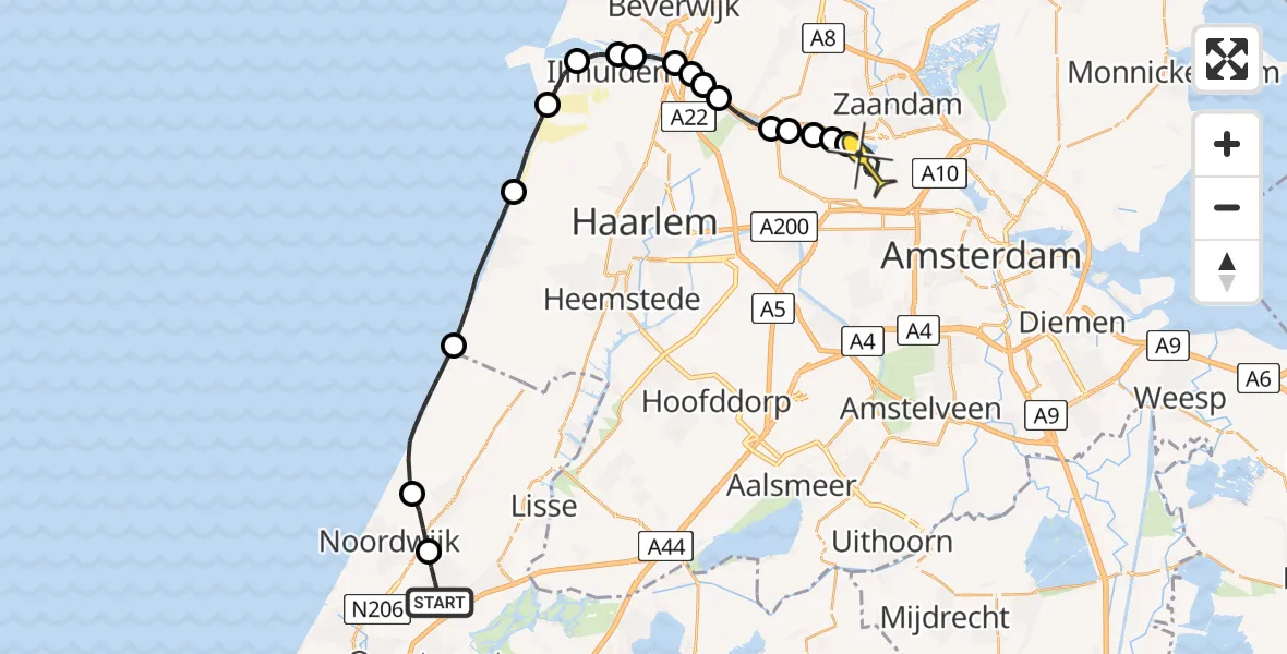 Routekaart van de vlucht: Lifeliner 1 naar Amsterdam Heliport