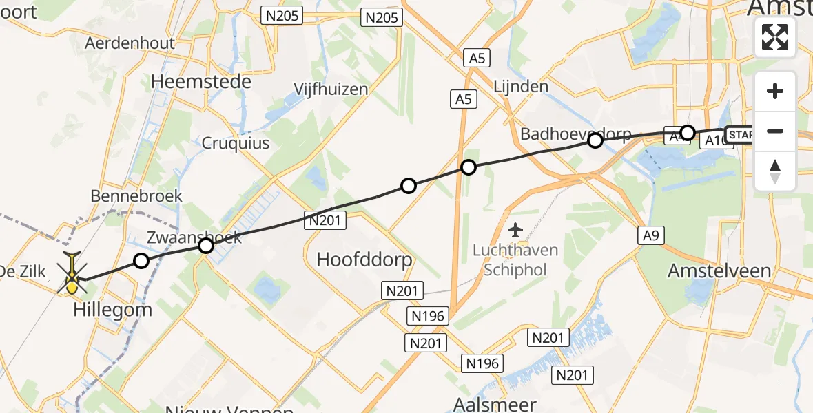 Routekaart van de vlucht: Lifeliner 1 naar Hillegom