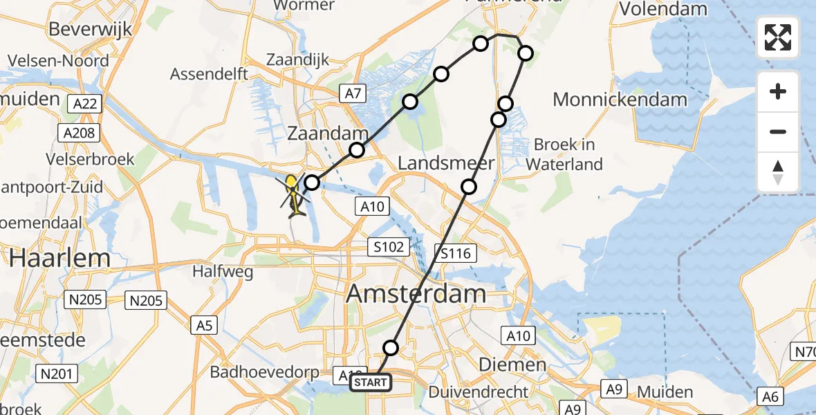 Routekaart van de vlucht: Lifeliner 1 naar Amsterdam Heliport