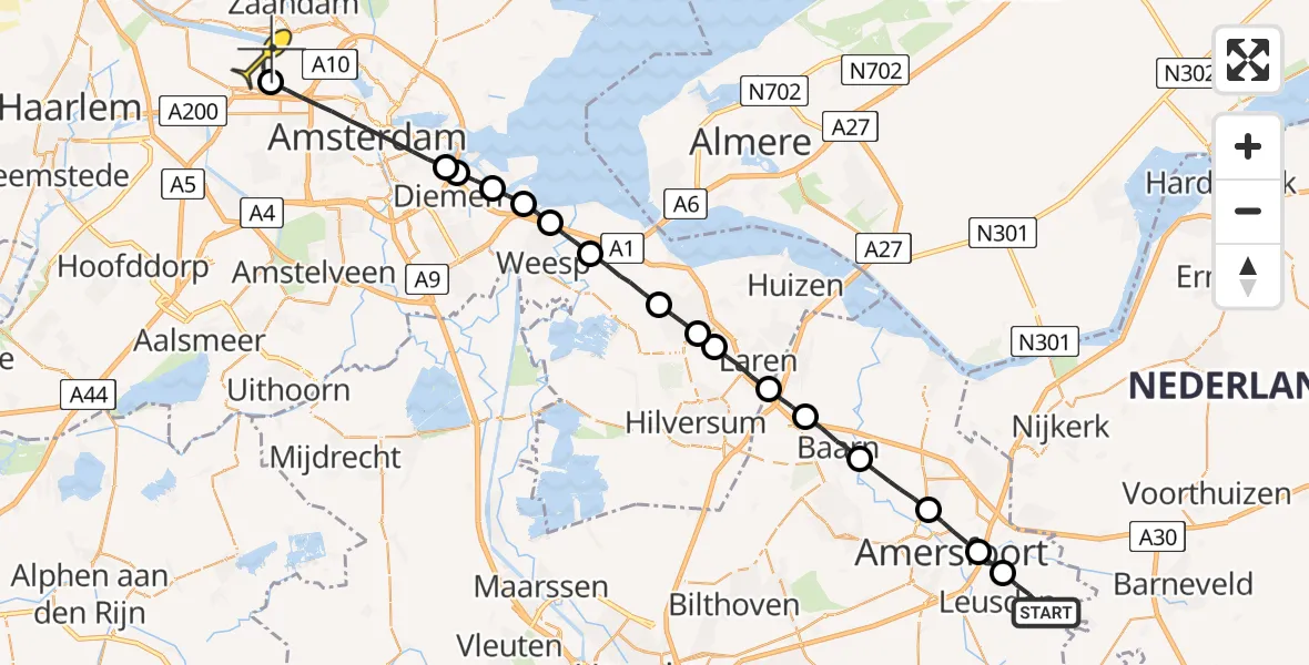 Routekaart van de vlucht: Lifeliner 1 naar Amsterdam Heliport