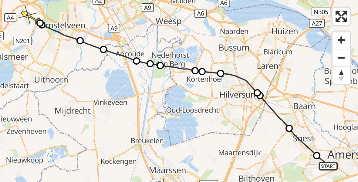 Routekaart van de vlucht: Politieheli naar Schiphol