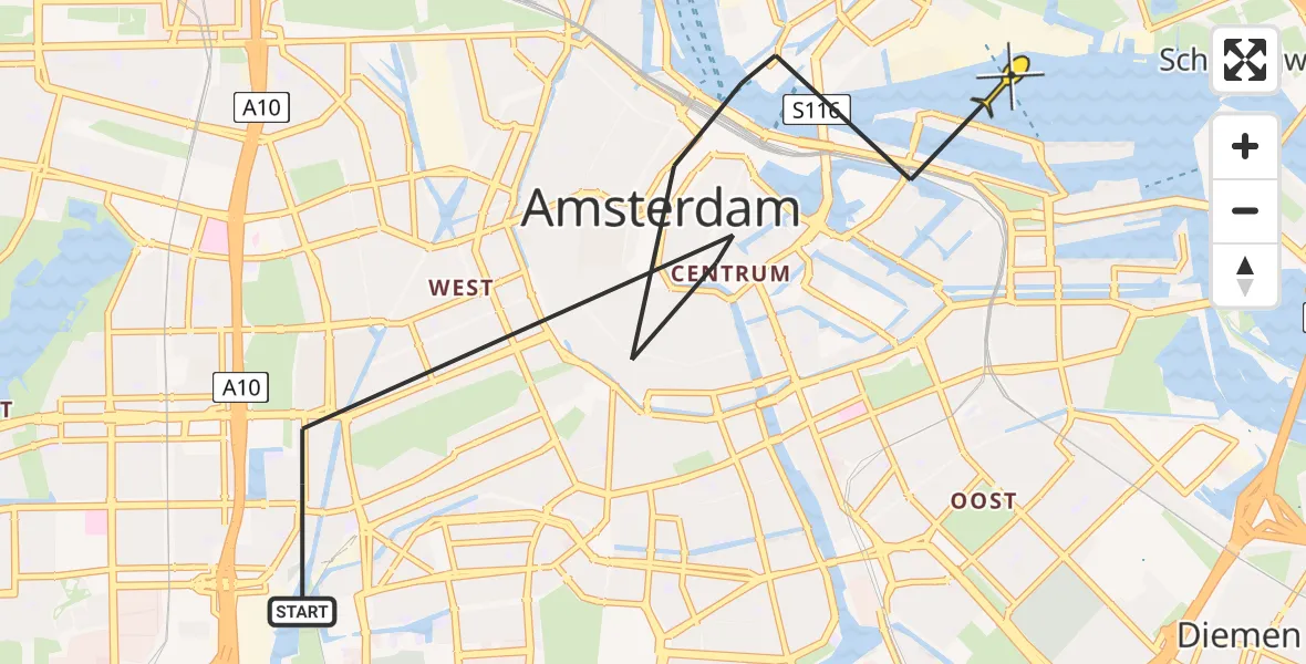 Routekaart van de vlucht: Politieheli naar Amsterdam