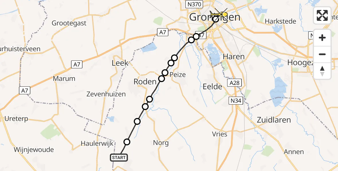 Routekaart van de vlucht: Lifeliner 4 naar Universitair Medisch Centrum Groningen