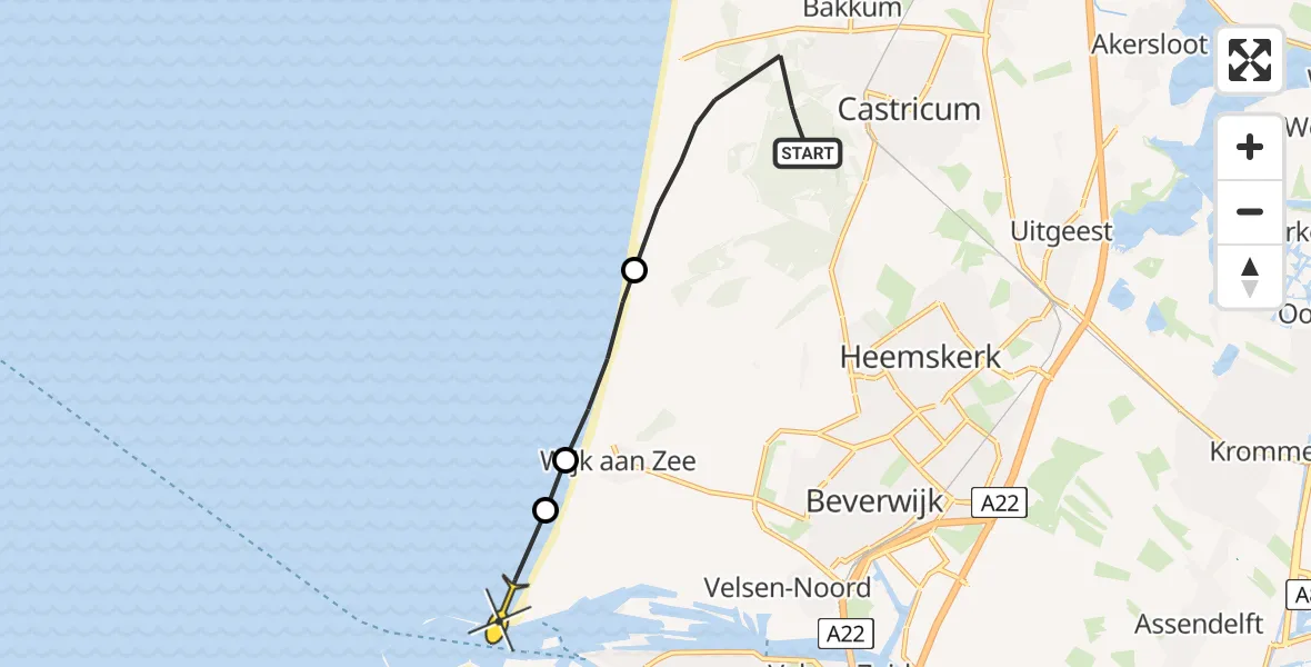 Routekaart van de vlucht: Politiehelikopter naar Velsen-Noord