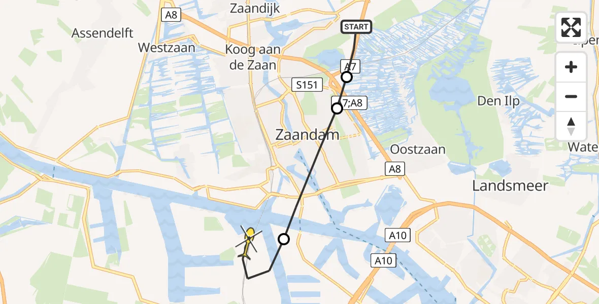 Routekaart van de vlucht: Lifeliner 1 naar Amsterdam Heliport