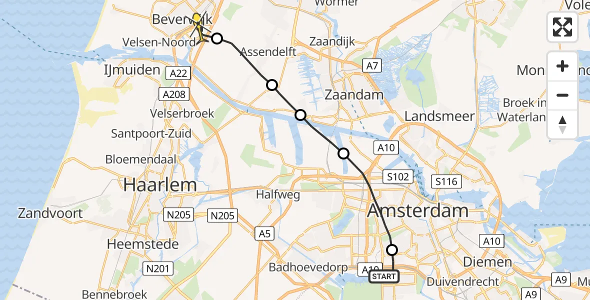 Routekaart van de vlucht: Lifeliner 1 naar Beverwijk