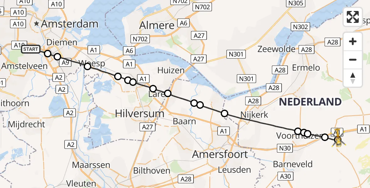 Vluchtroute Traumahelikopter Amsterdam - Kootwijk, 06 juni 2023, 08:18