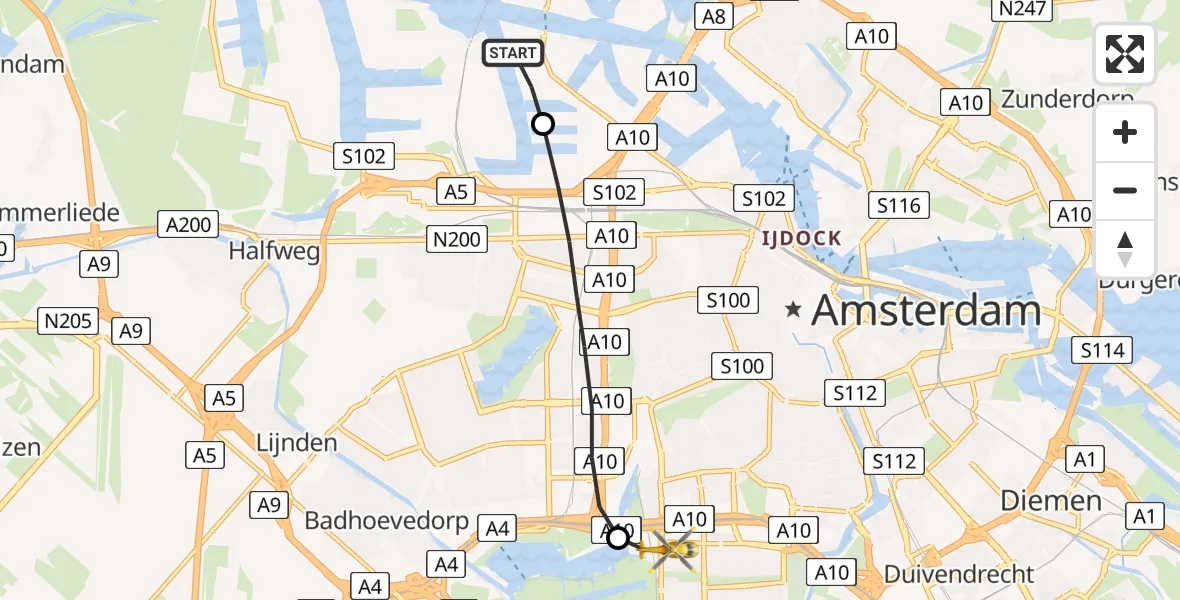 Vluchtroute Traumahelikopter Amsterdam Heliport - VU Medisch Centrum Amsterdam, 06 juni 2023, 09:26