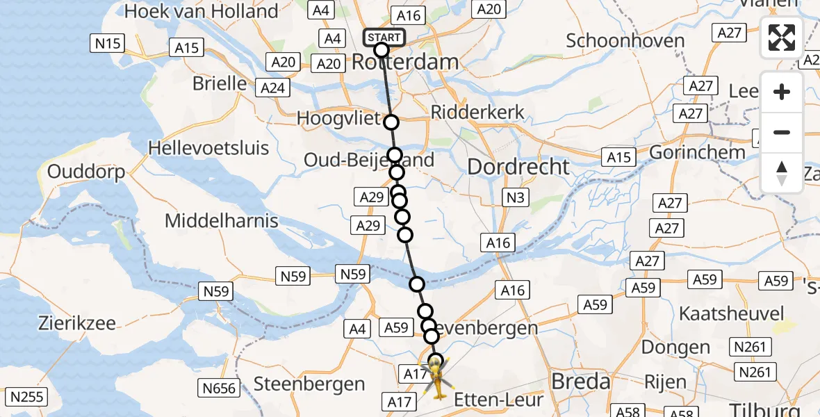 Vluchtroute Traumahelikopter Rotterdam The Hague Airport - Oudenbosch, 06 juni 2023, 10:43
