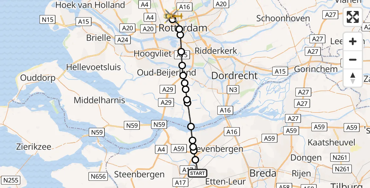 Vluchtroute Traumahelikopter Oudenbosch - Rotterdam The Hague Airport, 06 juni 2023, 11:13