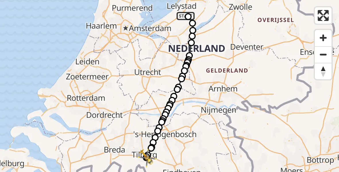 Vluchtroute Traumahelikopter Lelystad Airport - Tilburg, 06 juni 2023, 11:38