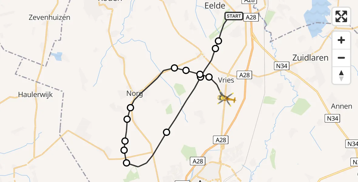 Vluchtroute Traumahelikopter Groningen Airport Eelde - Vries, 06 juni 2023, 12:01