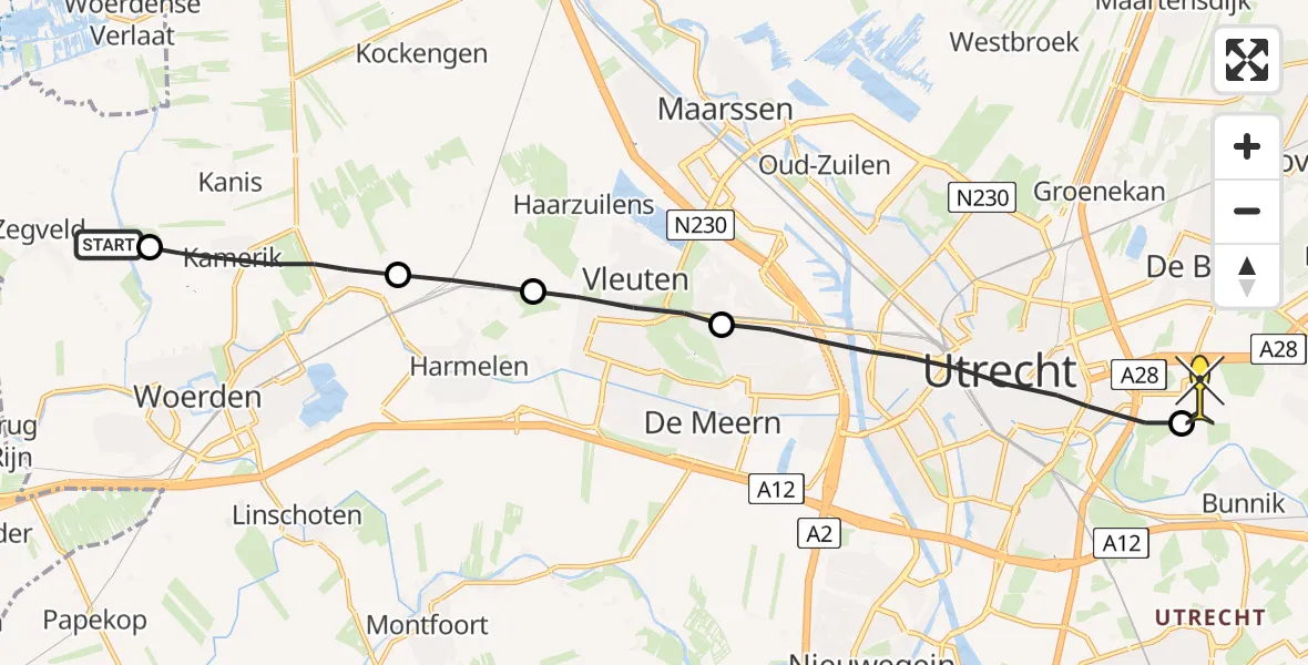 Routekaart van de vlucht: Lifeliner 1 naar Universitair Medisch Centrum Utrecht