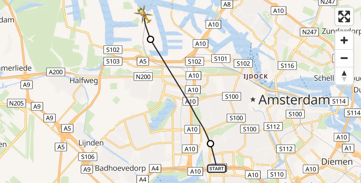 Vluchtroute Traumahelikopter VU Medisch Centrum Amsterdam - Amsterdam Heliport, 06 juni 2023, 16:32